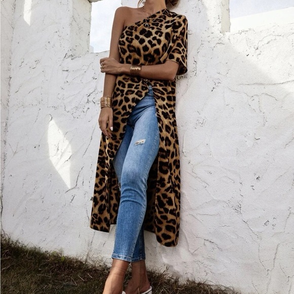 One Shoulder Leopard Print Asymmetrical High Low Tunic Top Blouse Shirt - Picture 7 of 7